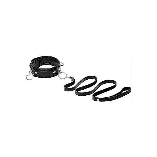 3 RING LEATHER COLLAR CON CUERDA NEGRA - BDSM Bondage Collares - Sex Shop ARTICULOS EROTICOS