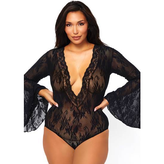 LEG AVENUE BODY DE ENCAJE CON MANGAS CAMPANA - NEGRO - Lenceria Sexy Femenina Bodys - Sex Shop ARTICULOS EROTICOS