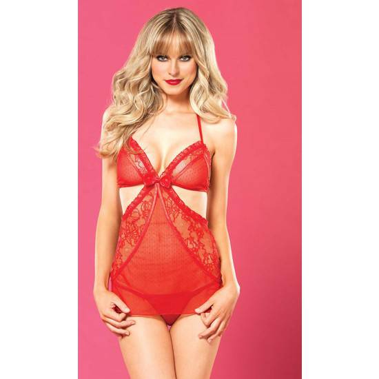 LEG AVENUE CONJUNTO 2 PIEZAS CHEMISE TIPO DELANTAL CON CINTA SATÉN Y TANGA ROJO - Lenceria Sexy Femenina Bodys - Sex Shop ARTICULOS EROTICOS