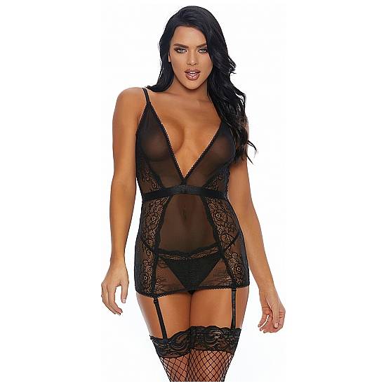 A SHEER THING CONJUNTO CON LIGUERO NEGRO - Lenceria Sexy Femenina Picardias - Sex Shop ARTICULOS EROTICOS