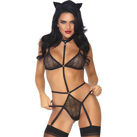 CONJUNTO GATITA CON LIGUEROOS - NEGRO - Lenceria Sexy Femenina Conjuntos - Sex Shop ARTICULOS EROTICOS