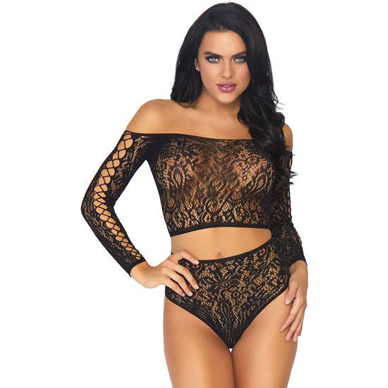 CONJUNTO TOP MANGA LARGA Y TANGA - NEGRO - Lenceria Sexy Femenina Bodys - Sex Shop ARTICULOS EROTICOS