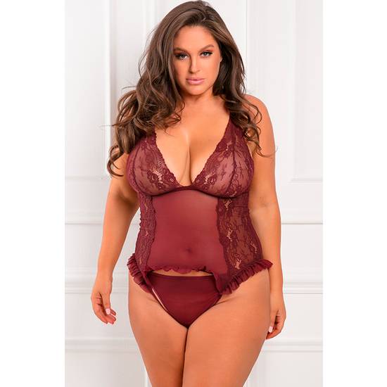 GRAND FINALE 2PC RUFFLE TEDDY - CONJUNTO GRANATE - Lenceria Sexy Femenina Bodys - Sex Shop ARTICULOS EROTICOS
