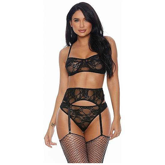 LACE ME DOWN BRA CONJUNTO CON LIGUERO NEGRO - Lenceria Sexy Femenina Conjuntos - Sex Shop ARTICULOS EROTICOS