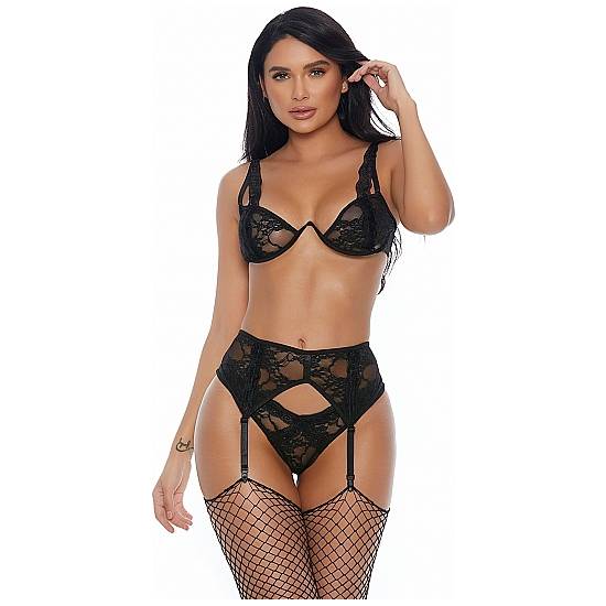 LACED WITH LUST CONJUNTO CON LIGUERO NEGRO - Lenceria Sexy Femenina Conjuntos - Sex Shop ARTICULOS EROTICOS