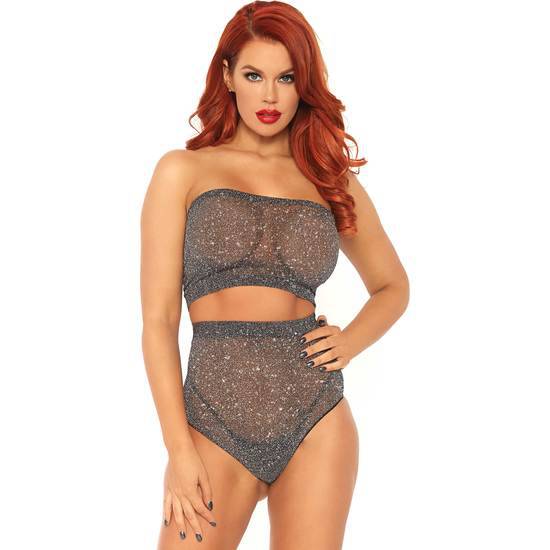 LUREX SPANDEX CONJUNTO TOP Y BRAGUITA NEGRO/PLATA - Lenceria Sexy Femenina Conjuntos - Sex Shop ARTICULOS EROTICOS