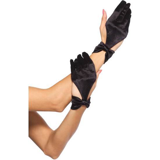 LEG AVENUE GUANTES DE SATEN CON DETALLE LAZO LA MUÑECA NEGRO - Lenceria Sexy Femenina Guantes - Sex Shop ARTICULOS EROTICOS