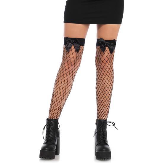 LEG AVENUE MEDIAS AL MUSLO DE RED CON LAZADA - NEGRO - Lenceria Sexy Femenina Medias - Sex Shop ARTICULOS EROTICOS