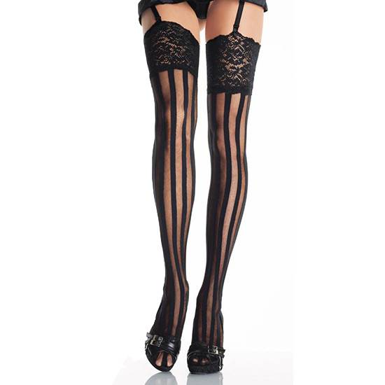 LEG AVENUE MEDIAS NEGRAS CON RAYAS VERTICALES OPACAS Y ENCAJE SUPERIOR ANCHO - Lenceria Sexy Femenina Medias - Sex Shop ARTICULOS EROTICOS