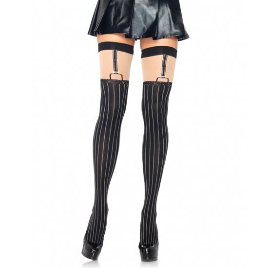 LEG AVENUE MEDIAS NEGRAS DE RAYA DIPLOMATICA Y LIGUERO ESTAMPADO - Lenceria Sexy Femenina Medias - Sex Shop ARTICULOS EROTICOS