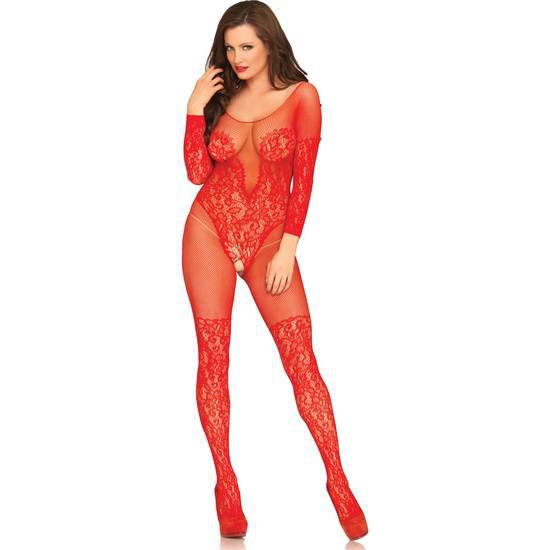 LEG AVENUE VINE LACE AND NET BODYSTOCKING ROJO - Lenceria Sexy Femenina Bodys - Sex Shop ARTICULOS EROTICOS