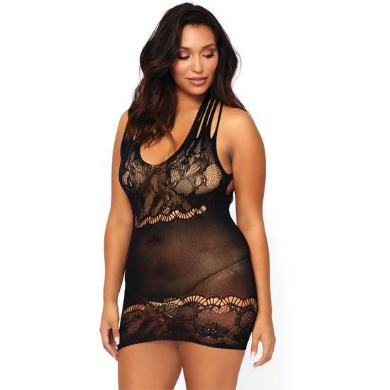 LEG AVENUE MINI VESTIDO ENCAJE FLORAL CON TIRAS NEGRO - Lenceria Sexy Femenina Picardias - Sex Shop ARTICULOS EROTICOS
