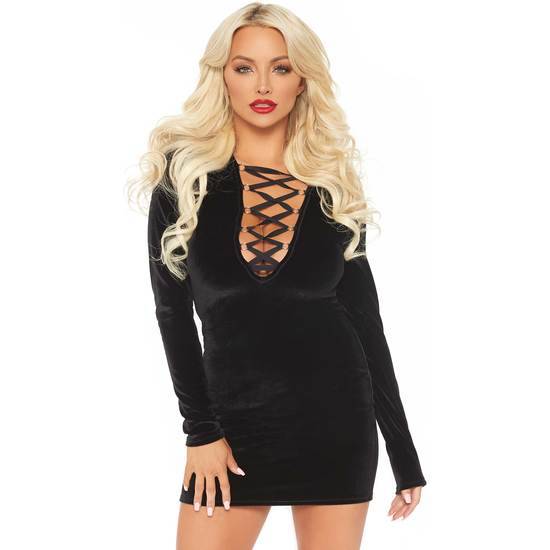 VESTIDO VELVET MANGA LARGA CON CORDÓN NEGRO - Mujer Sexy Vestidos - Sex Shop ARTICULOS EROTICOS